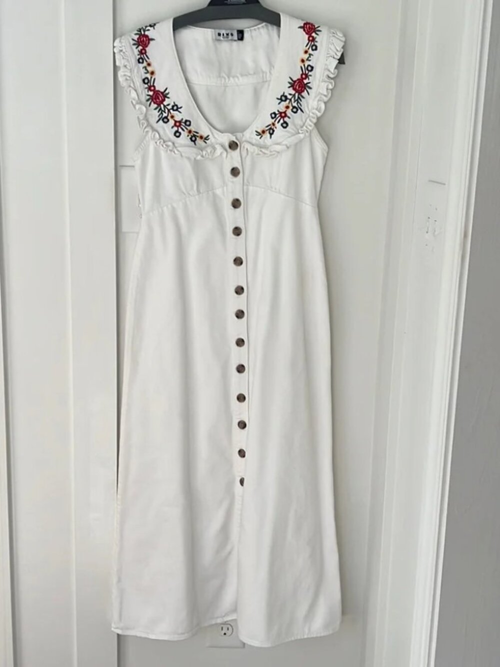 RIXO Nova Dress Midi Floral Embroidered Spread Collar Ecru Button front M - Picture 14 of 14